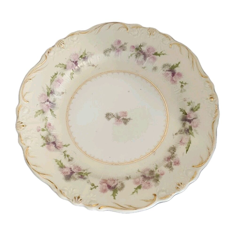 Antique Old Ivory Germany 8" Hand Painted Pink Floral Gold Trim Porcelain Plate
